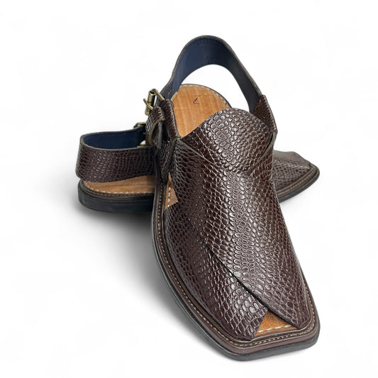Premium Leather Peshawari Chappal - Lizard Dark Brown